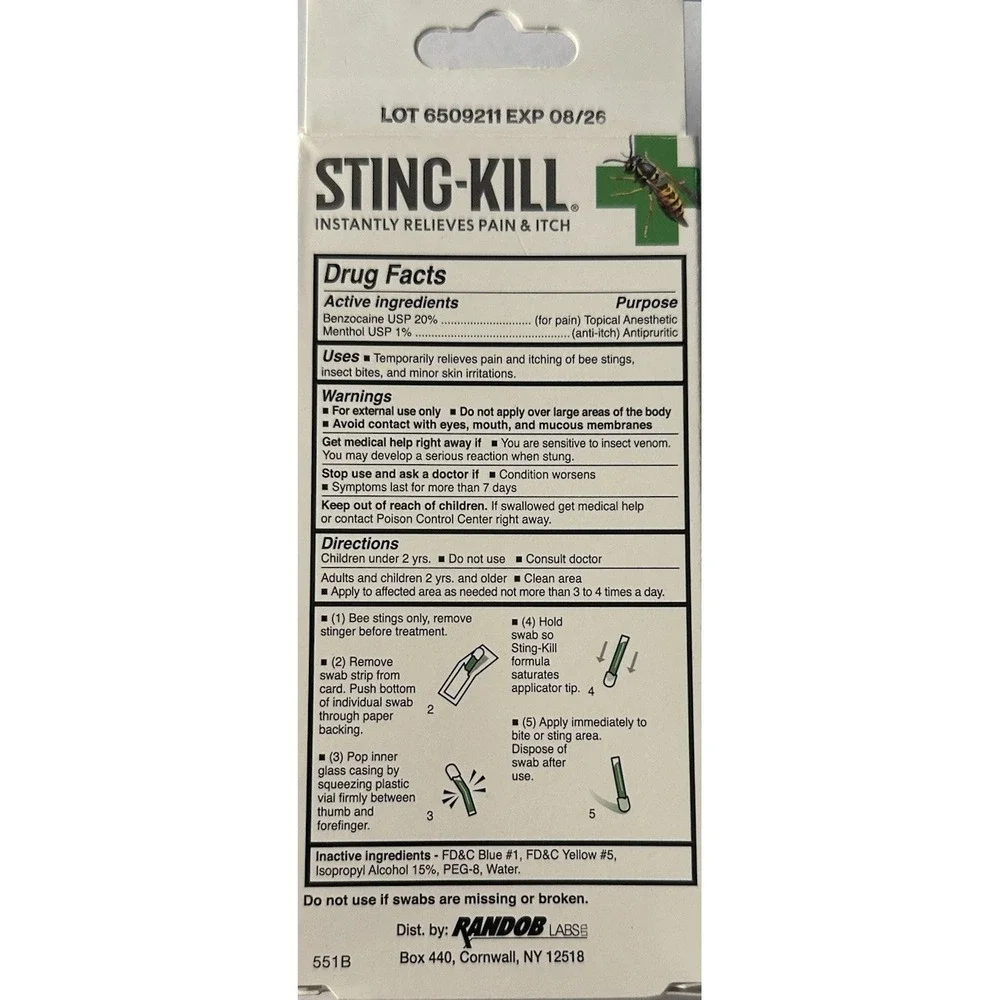 Sting-Kill Swabs 5 ct from bee stings, mosquito bites, and jellyfish stings